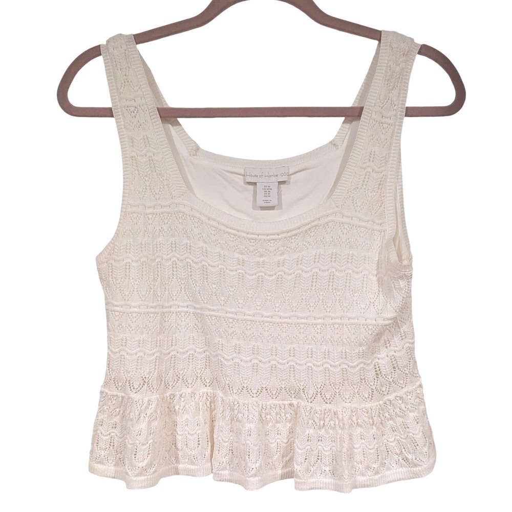 House of Harlow 1960 Knit Peplum Tank Top Medium Ivory Crochet Pointelle Boho